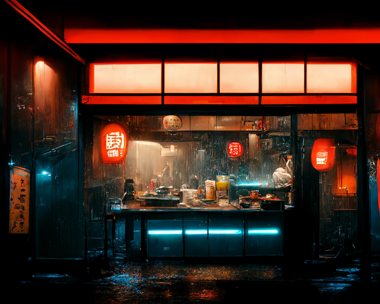 An image of a ramen stand in the rain